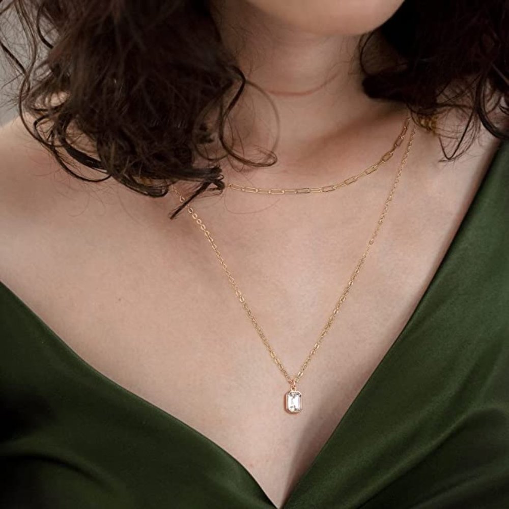 Women, Real Gold Plated Birthstone Necklace for Women Layered Paperclip Chain - Picture 3 of 4